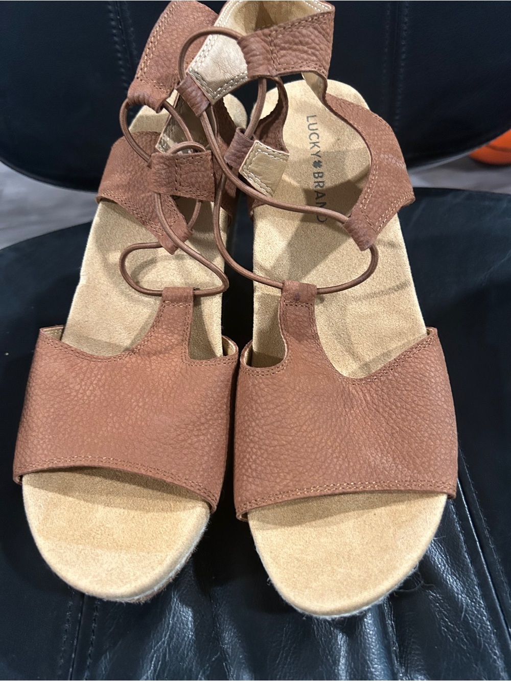 Lucky Brand Tan Brown Leather Lace-Up Sandals